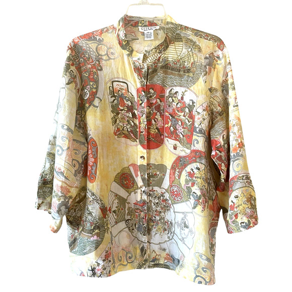 CITRON SANTA MONICA Size XL Linen Button-Up 3/4 Sleeve Asian Print Tunic Top - Picture 1 of 6